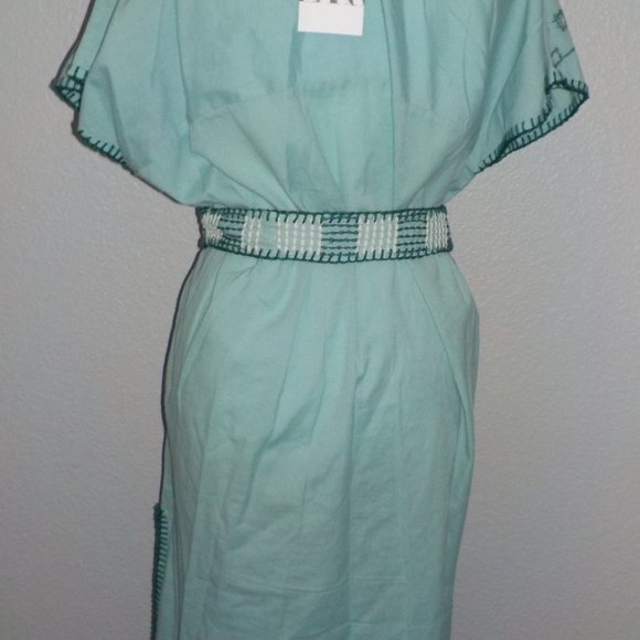 ZARA MS SIZE SMALL LIGHT GREEN / TEAL EMBROIDERED BELTED WAIST CAFTAN DRESS - Picture 4 of 13